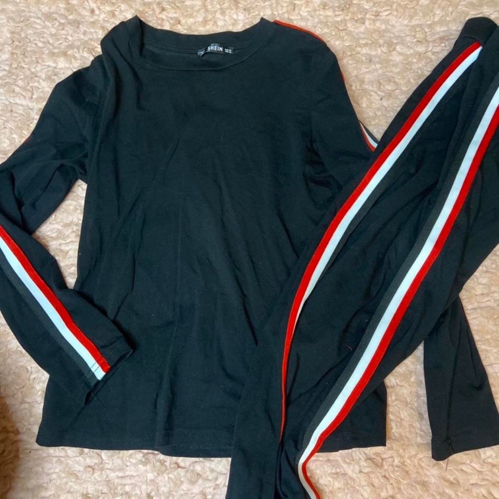 Red and white striped black two piece set